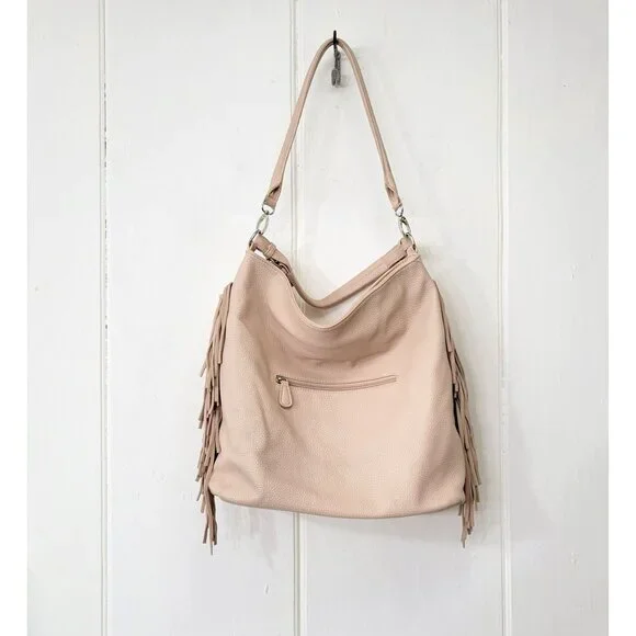 Expressions Pink Vegan Leather Boho Fringed Shoulder Bag - Picture 2 of 9